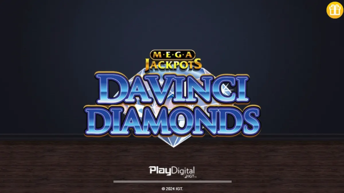 Tampilan visual mesin slot Mega Jackpot DaVinci Diamonds dengan simbol permata dan lukisan klasik