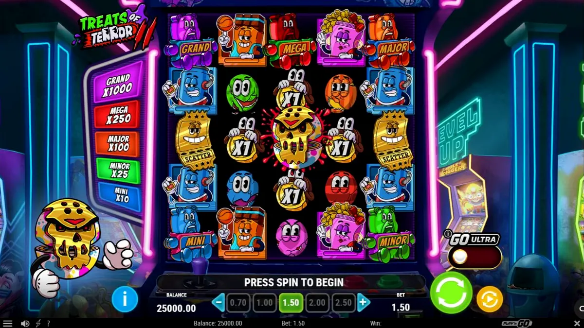 Tampilan visual neon arcade dalam slot Treats of Terror 2